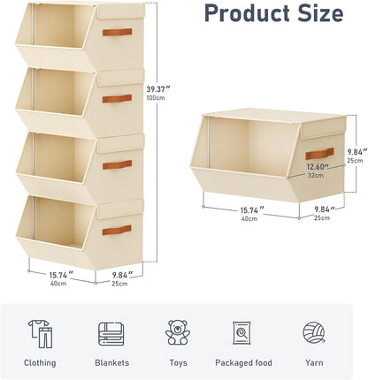 Stackable Closet Organizers and Storage Bins, Open Front Closet Shelf Organizer System With Steel Frame, Clothes Storage Basket Fabric, Collapsible Closet Drawers for Wardrobe, Nursery ,Toy, 4 Pack