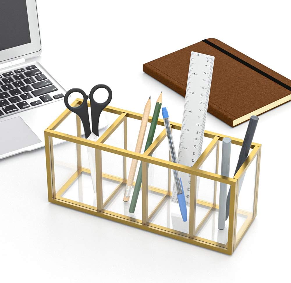 NIUBEE Acrylic Pen Holder 4 Compartments, Clear Pencil Organizer Cup for Countertop Desk Accessory Storage