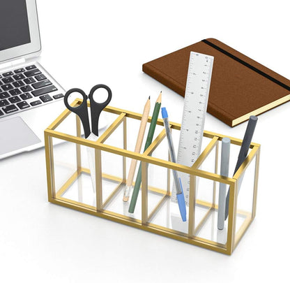 NIUBEE Acrylic Pen Holder 4 Compartments, Clear Pencil Organizer Cup for Countertop Desk Accessory Storage