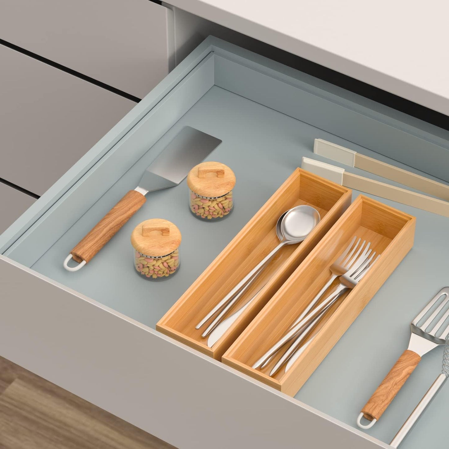 VeyFey Bamboo Drawer Organizer, Stackable Utensil Organizer for Kitchen, Bamboo Storage Box Wood Silverware Tray for Drawer 15" x 6" x 2" Set of 2