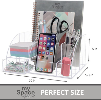 My Space Organizers Clear Acrylic Desk Oganizer, 9 Compartments, Office Supplies and Desk Accessories Organizer, Home Decor Desktop Organizer (Clear)