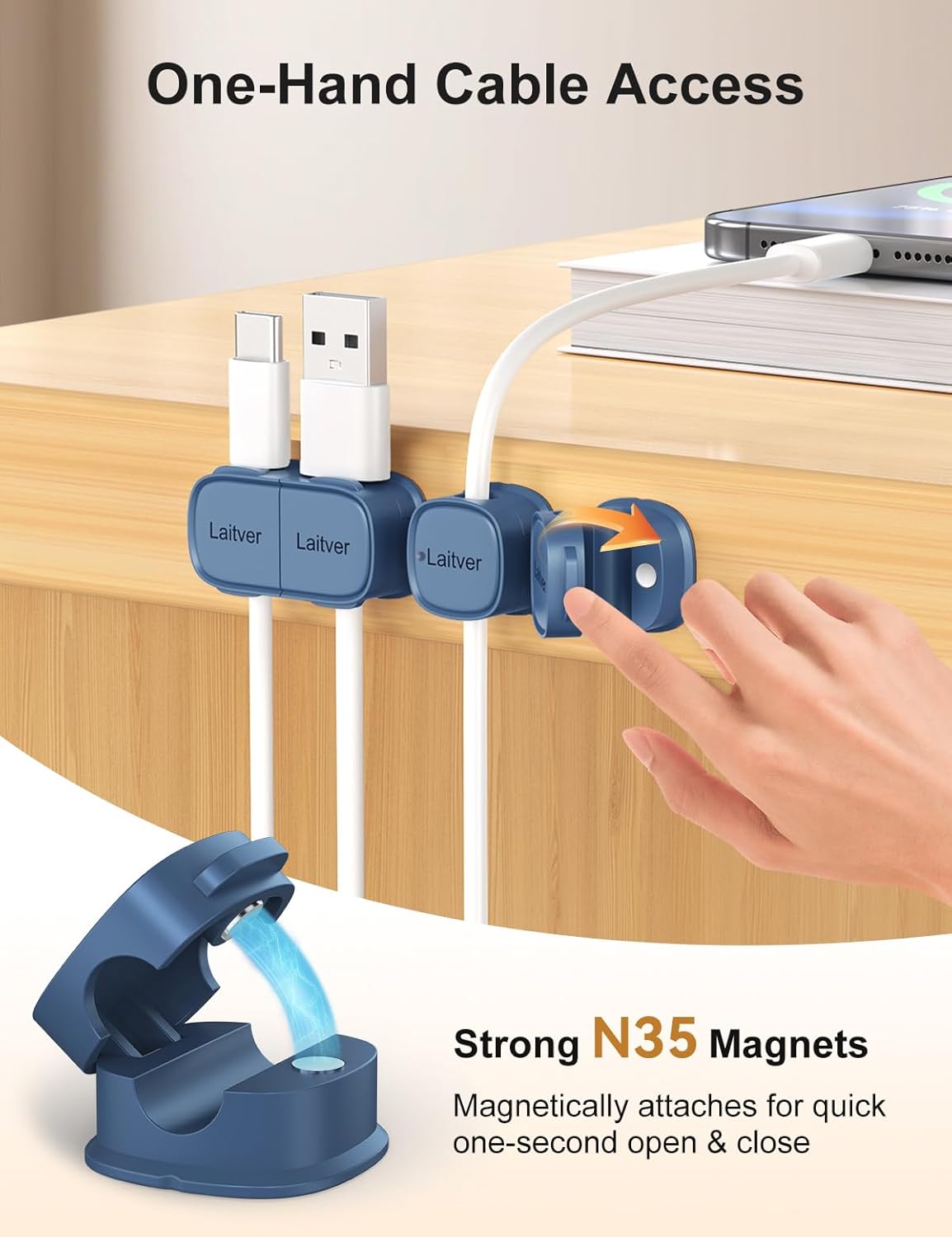 6 Pack Magnetic Cable Clips [1s Open/Lock], Laitver Cord Organizer Holder Strong Adhesive Desk Cable Management- Organize Charging Cords Neatly for Home, Office, Car,Desk, Nightstand