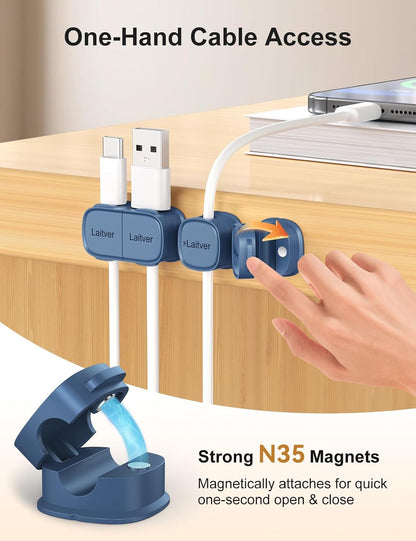 6 Pack Magnetic Cable Clips [1s Open/Lock], Laitver Cord Organizer Holder Strong Adhesive Desk Cable Management- Organize Charging Cords Neatly for Home, Office, Car,Desk, Nightstand