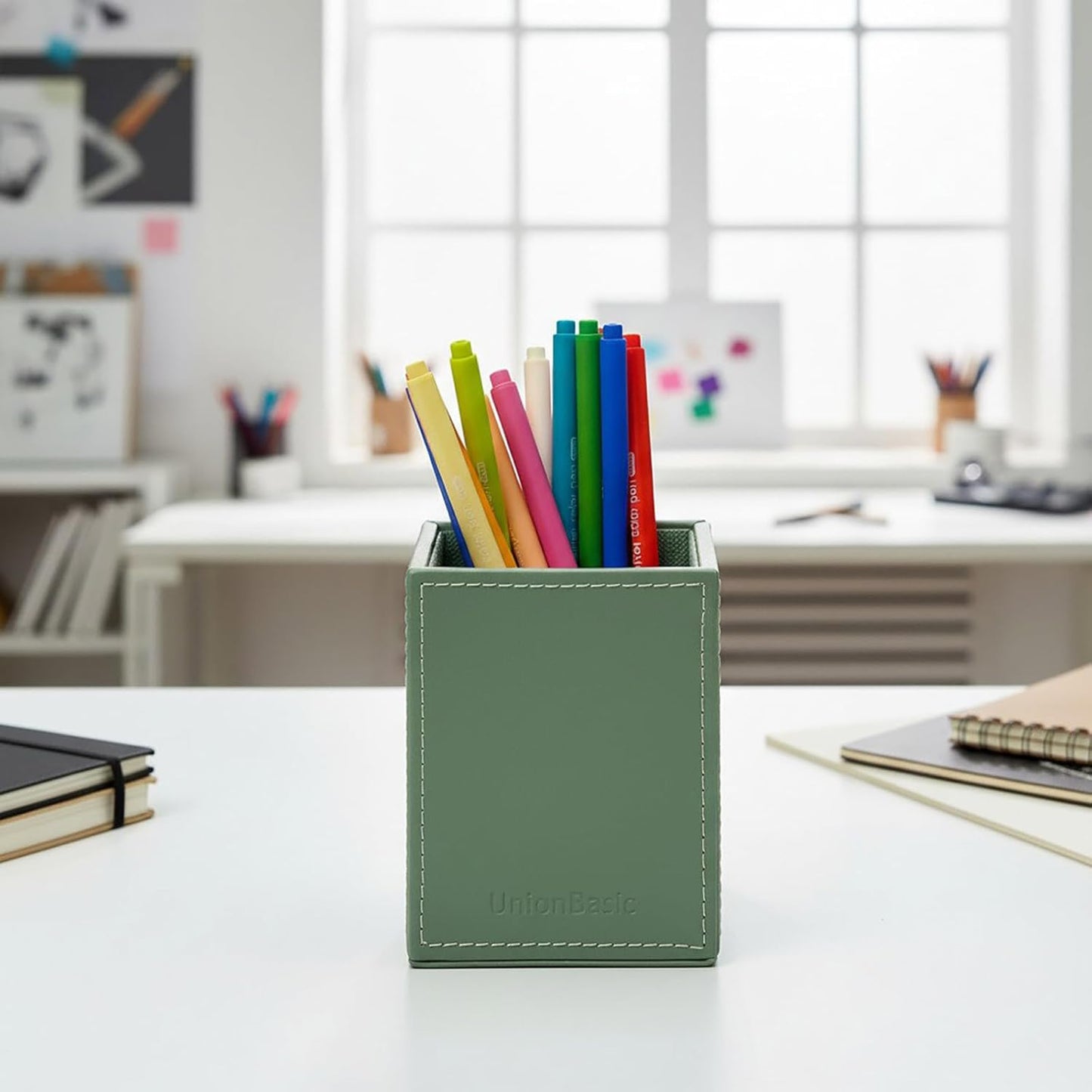 UnionBasic Square Pen Holder, Leather Pencil Cup, Desktop Caddy Stationery Organizer, Beige
