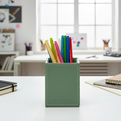UnionBasic Square Pen Holder, Leather Pencil Cup, Desktop Caddy Stationery Organizer, Beige