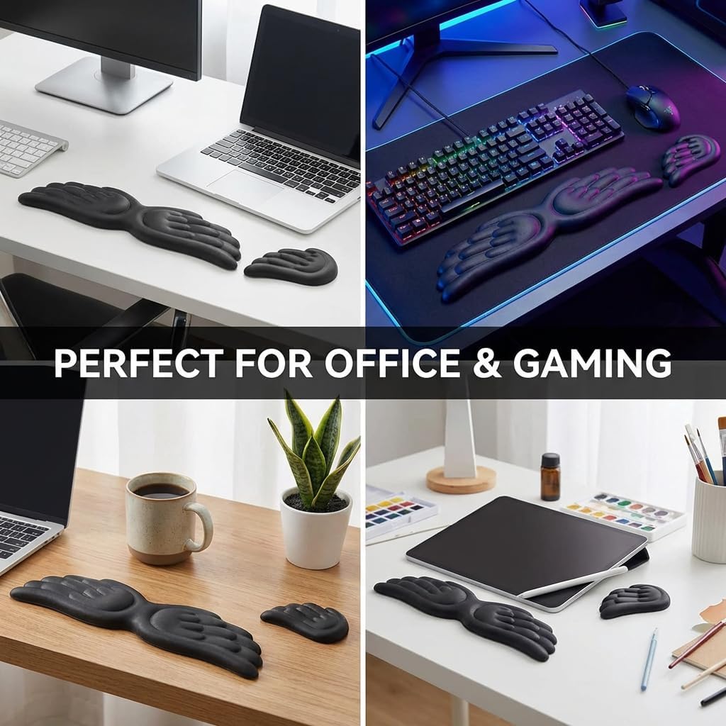 White Angel Wings Ergonomic Memory Foam Wrist Rest Computer Keyboard and Mouse Set Cute Gaming Keyboard Wrist Support pad PU Leather Surface Non-Slip and Waterproof Includes a Cleaning Brush