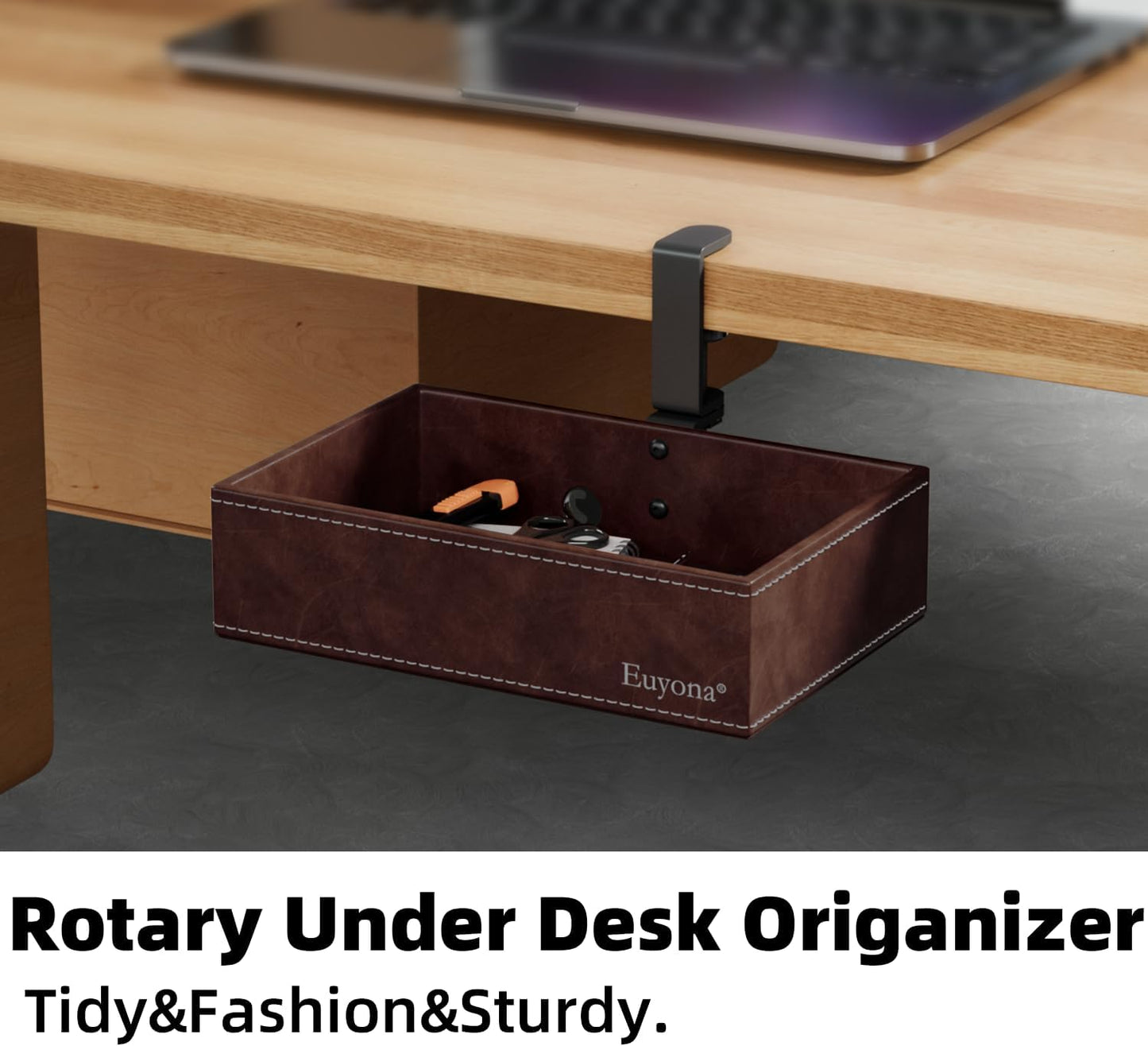 PU Leather Under Desk Organizer with 360° Rotating Clamp – for Computer Accessories, Stationery, Remote Control & Phone Storage, Black
