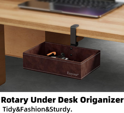 PU Leather Under Desk Organizer with 360° Rotating Clamp – for Computer Accessories, Stationery, Remote Control & Phone Storage, Black