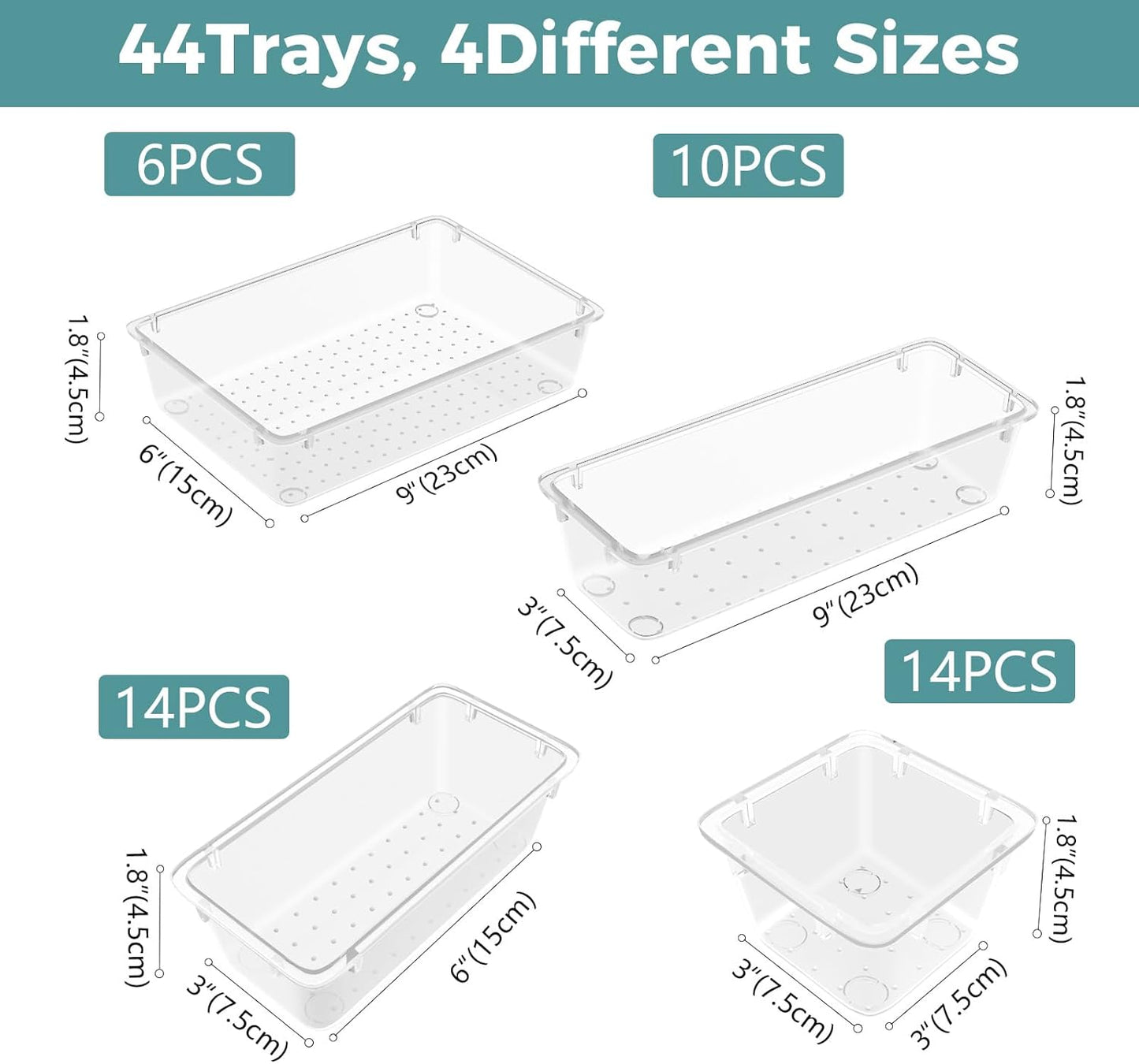 WOWBOX 44 PCS Clear Plastic Drawer Organizer Set, 4 Varied Size storage Bins and Desk Drawer Organizer tool Trays for Makeup, Gadgets, Jewelry and Utensils in Bathroom, Bedroom and Office, Clear Black