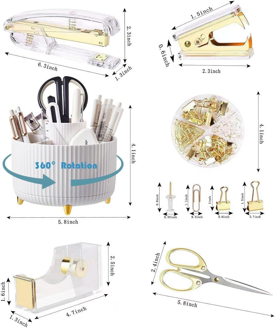 Gawsey Gold Desk Organizers and Accessories Set with 360-Degree Rotating Pen Holder, Acrylic Stapler, Tape Holder, Staple Remover, Binder/Paper Clips Kit, Scissor and 1 Box of Staples