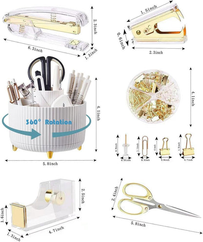 Gawsey Gold Desk Organizers and Accessories Set with 360-Degree Rotating Pen Holder, Acrylic Stapler, Tape Holder, Staple Remover, Binder/Paper Clips Kit, Scissor and 1 Box of Staples