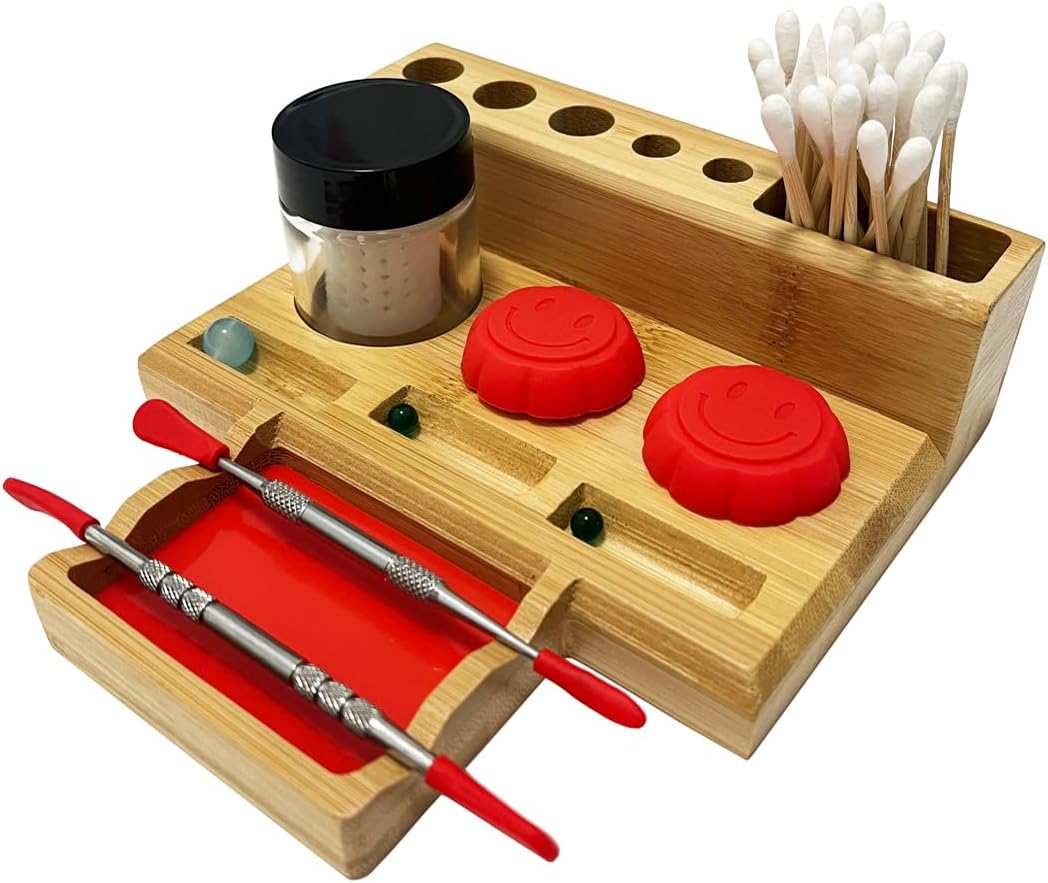 Bamboo Desk Organizer,Carving Tool Organizer with Non-sticky Mat and Silicone Container (21 x 16 x 4.5cm)