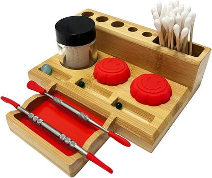 Bamboo Desk Organizer,Carving Tool Organizer with Non-sticky Mat and Silicone Container (21 x 16 x 4.5cm)