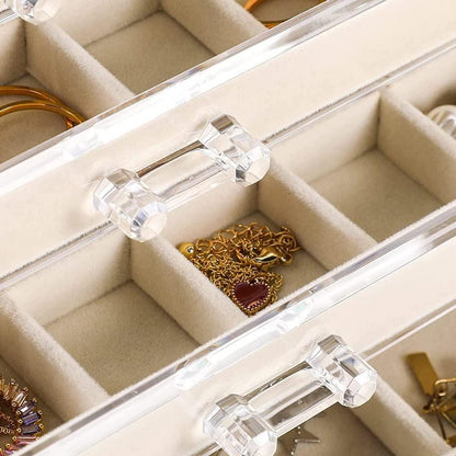 YUFONG Earring Organizer Box Acrylic Jewelry Organizer with 3 Drawers 54 Adjustable Grids Clear Stackable Earring Holder Velvet Trays Ring Display Case for Women Girls (Beige)
