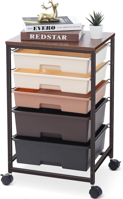 SYKIARIOL Utility Cart with 5 Drawers,Storage Cart with Wooden Tabletop and Lockable Wheels,Craft Storage Trolley Organizer,5-Tier Rolling Utility on Wheels,Light Green