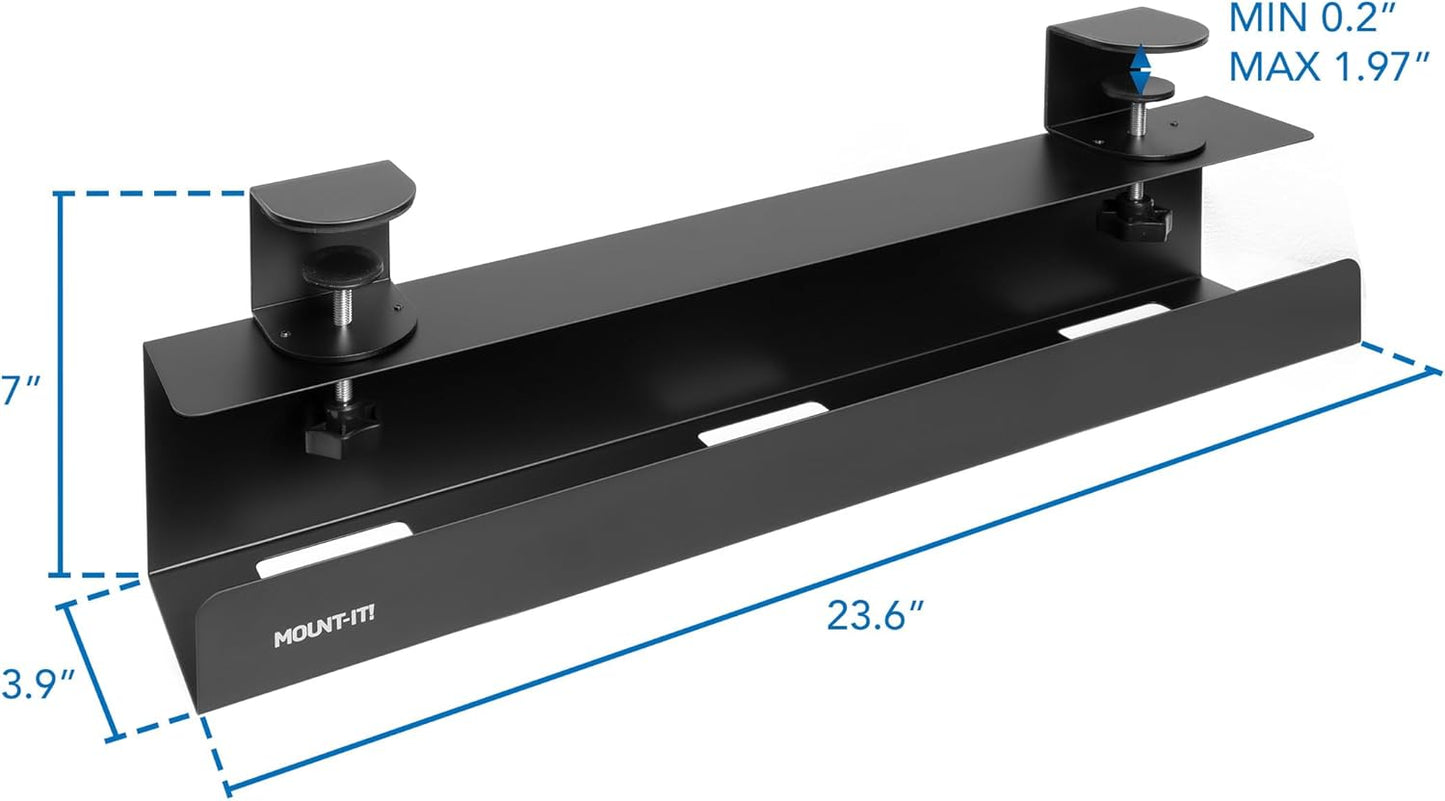 Mount-It! Under Desk Cable Management Tray – Clamp-On No-Drill Metal Cable Management Tray for Desk & Standing Desk, Wire & Cord Organizer for Power Strips, Glass Desks – 23.6” Black