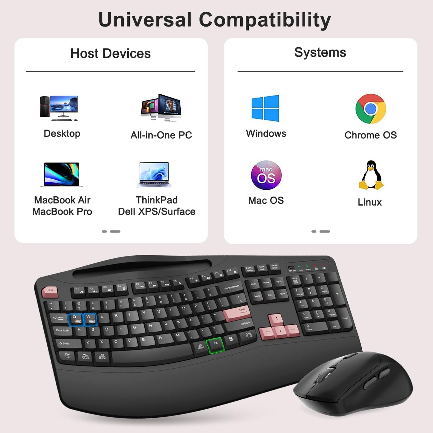 Wireless Keyboard and Mouse Combo, 2.4G Full Size Wave Keys Ergonomic Keyboard with Wrist Rest, Phone Holder, 3-Level DPI Wireless Silent Mouse with 6-Buttons, for Windows, Mac OS, Laptop, PC (Black)