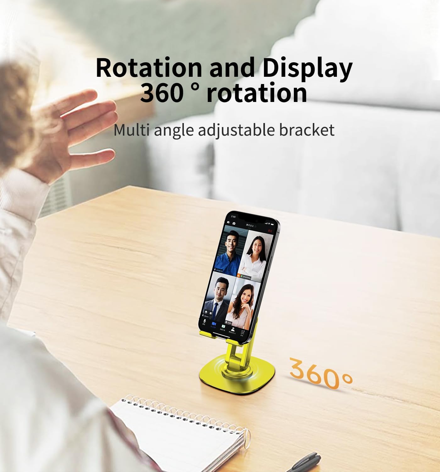 360° Rotating Cell Phone Stand for Desk, Adjustable & Foldable Phone Holder, Aluminum Desktop Phone Stand with Anti-Slip Base, Compatible with iPhone, iPad, Android Phones, K69-Black