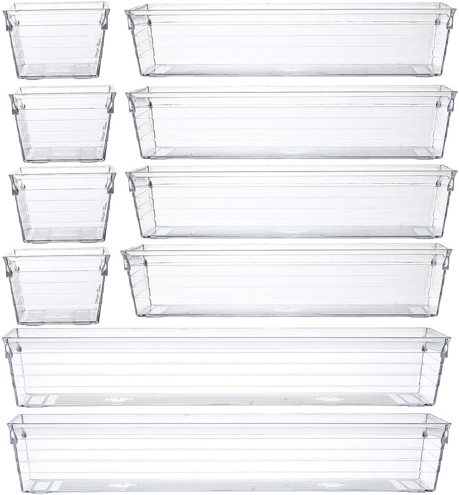 Backerysupply Clear Plastic Drawer Organizer Tray for Vanity Cabinet (Set of 10),Storage Tray for Makeup, Kitchen Utensils, Jewelries, and Gadgets