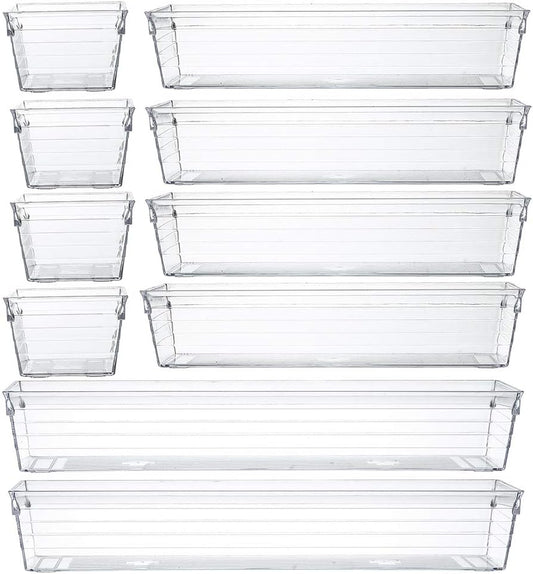 Backerysupply Clear Plastic Drawer Organizer Tray for Vanity Cabinet (Set of 10),Storage Tray for Makeup, Kitchen Utensils, Jewelries, and Gadgets