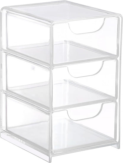 Hipiwe Acrylic Drawer Organizer Qtip Holder for Cotton Pad Cotton Swabs Makeup Storage Drawer with 3 Drawers Clear Desk Drawers Box Bathroom Counter Organizer for Home Office