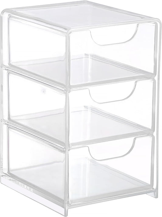 Hipiwe Acrylic Drawer Organizer Qtip Holder for Cotton Pad Cotton Swabs Makeup Storage Drawer with 3 Drawers Clear Desk Drawers Box Bathroom Counter Organizer for Home Office