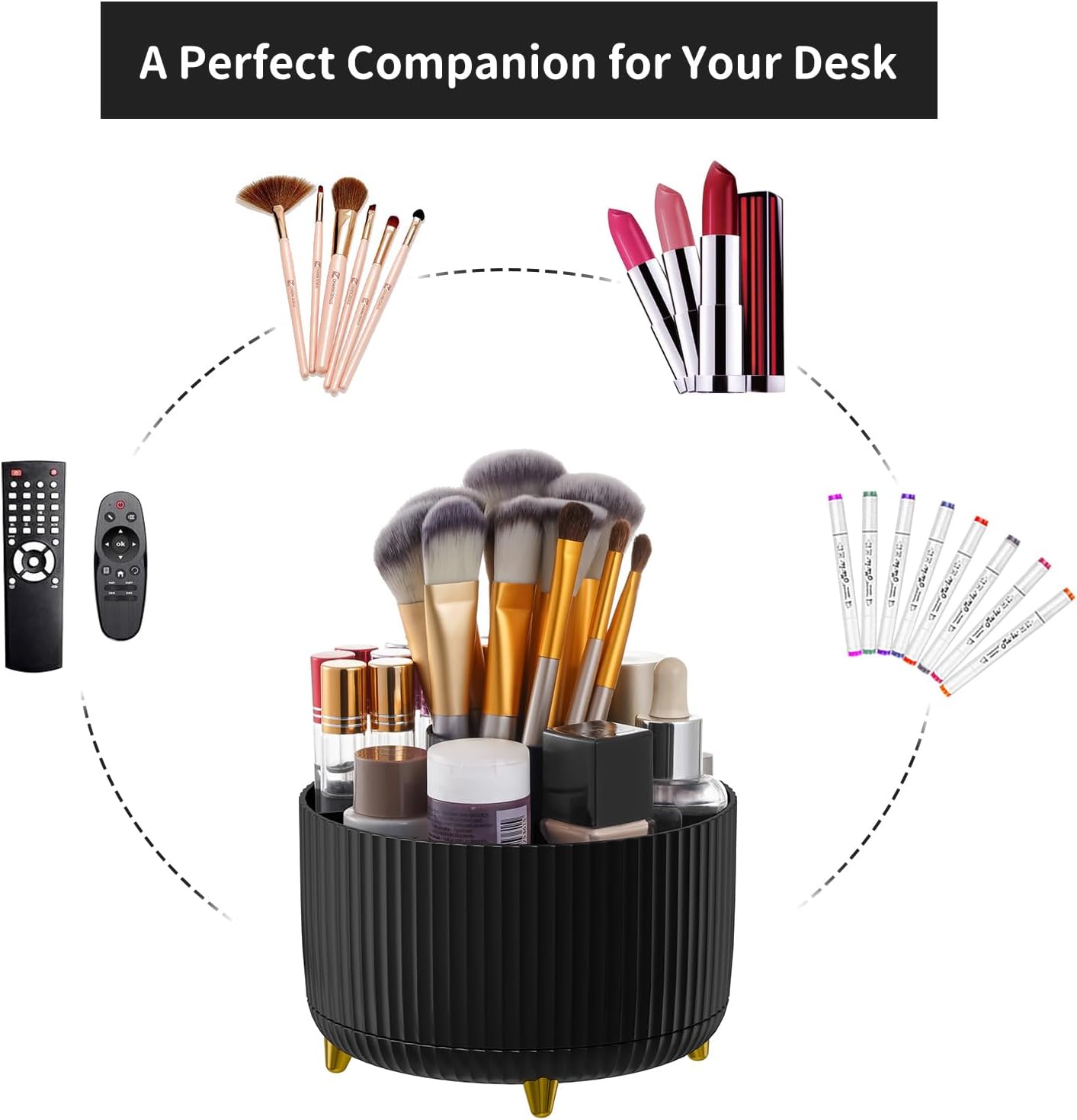 Marbrasse Desk Organizer, 360-Degree Rotating Pen Holder, Desk Organizers and Accessories with 5 Compartments Pencil Holder, Art Supply Storage Box Caddy for Office, Home（White）
