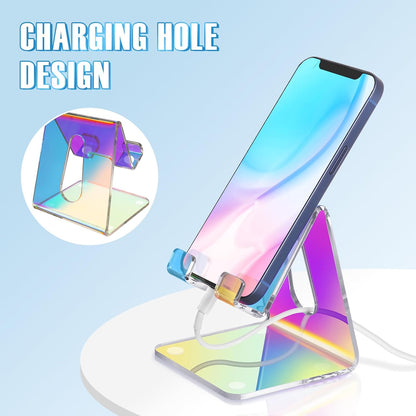 Tomorotec Iridescent Acrylic Cell Phone Stand, Portable Phone Holder for Desk Non-Slip Desktop Smartphones Holder Compatible with iPhone Samsung Galaxy Pixel Phone Cradle Dock Home Office