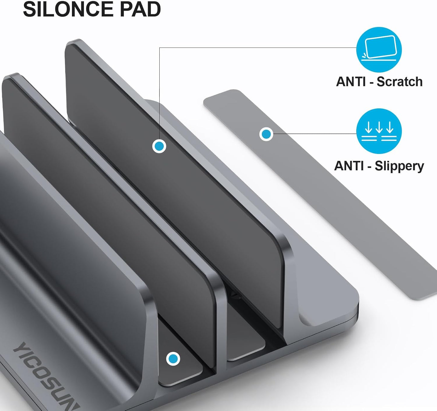 YICOSUN Aluminum Vertical Laptop Stand for Desk - Adjustable Width Dock for MacBook, Surface, Samsung, HP, Dell up to 17.3 inches - Space-Saving & Protective Design - Gray