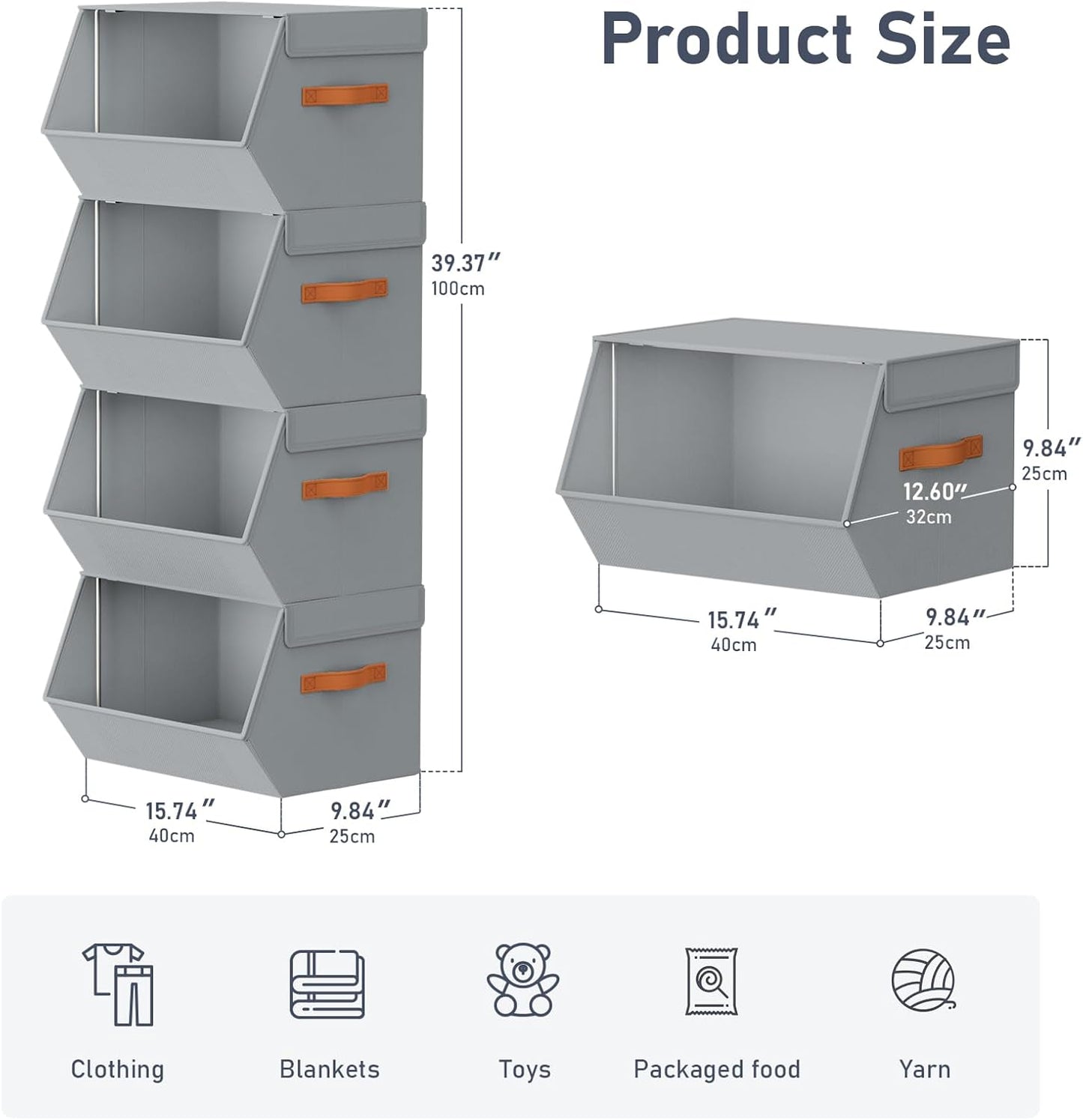 Stackable Closet Organizers and Storage Bins, Open Front Closet Shelf Organizer System With Steel Frame, Clothes Storage Basket Fabric, Collapsible Closet Drawers for Wardrobe, Nursery ,Toy, 4 Pack