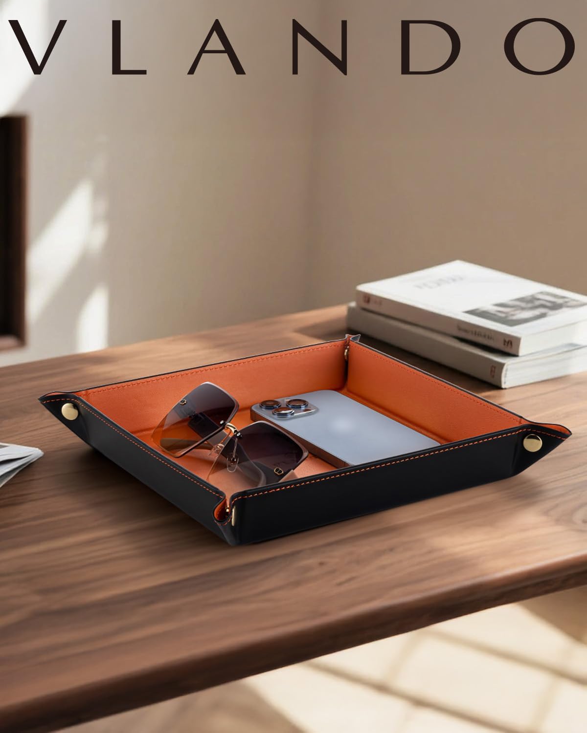 VLANDO Valet Tray for Men Women, Nightstand Organizer Vanity Catchall Holder for Dresser Desk Storage Bedside, Travel PU Leather Jewelry Key Bowl Coin Watches and Candy Entryway Tray - Large, Brown