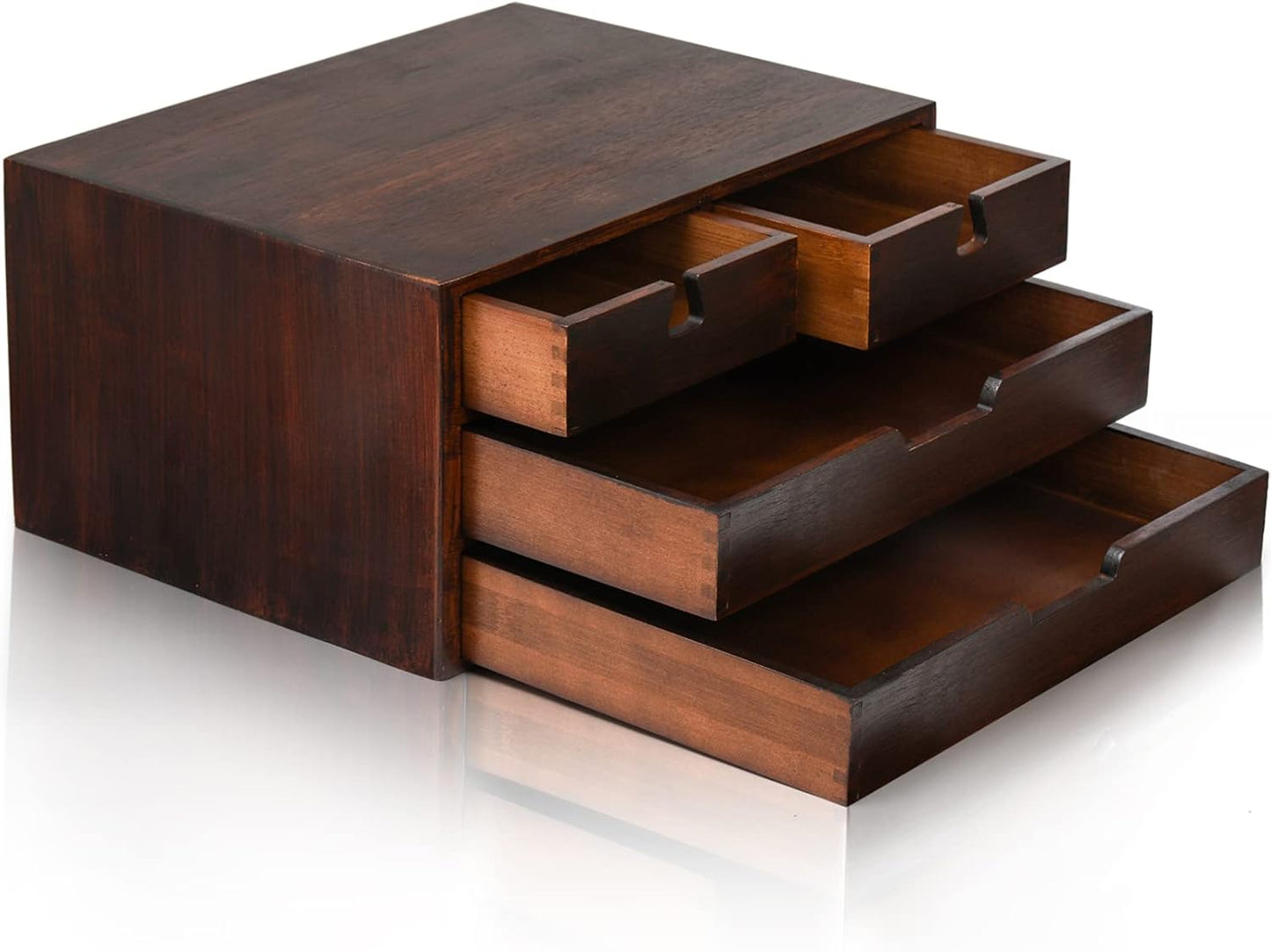 DEAYOU Bamboo Desk Organizer, 100% Natural Bamboo Desktop Drawer Organizer, Dark Brown Tabletop Storage Cabinet Organization Box with 4 Drawer for Makeup, Letter, Home, 3 Layer, Fully Assemble