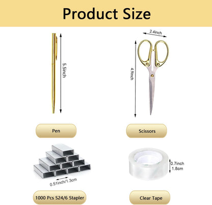 suniya Office Supplies,Gold Desk Accessories,with Stapler,Tape Dispenser,Pen Holder,Scissors,Phone Stand,Staple Remover,Ballpoint Pen,Clear Tape, Staples,Ruler,Clips,Best Gift for Business or Boss