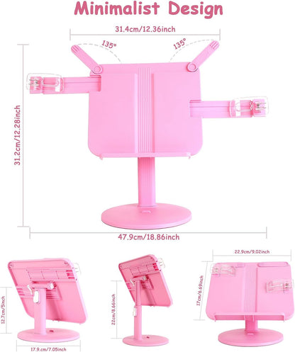 Kids Book Stand, Adjustable Reading Holder, Thick Base, Foldable Reading Stand with Elastic Page Clips, for 8.5"×11" or Smaller, Gift for Children's Day, Pink