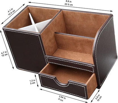 KINGFOM Desk Organizer Office Supplies Caddy Pu Leather Multi-function Storage Box Pen/Pencil,Cell phone, Business Name Cards Remote Control Holder with Small Drawer Black