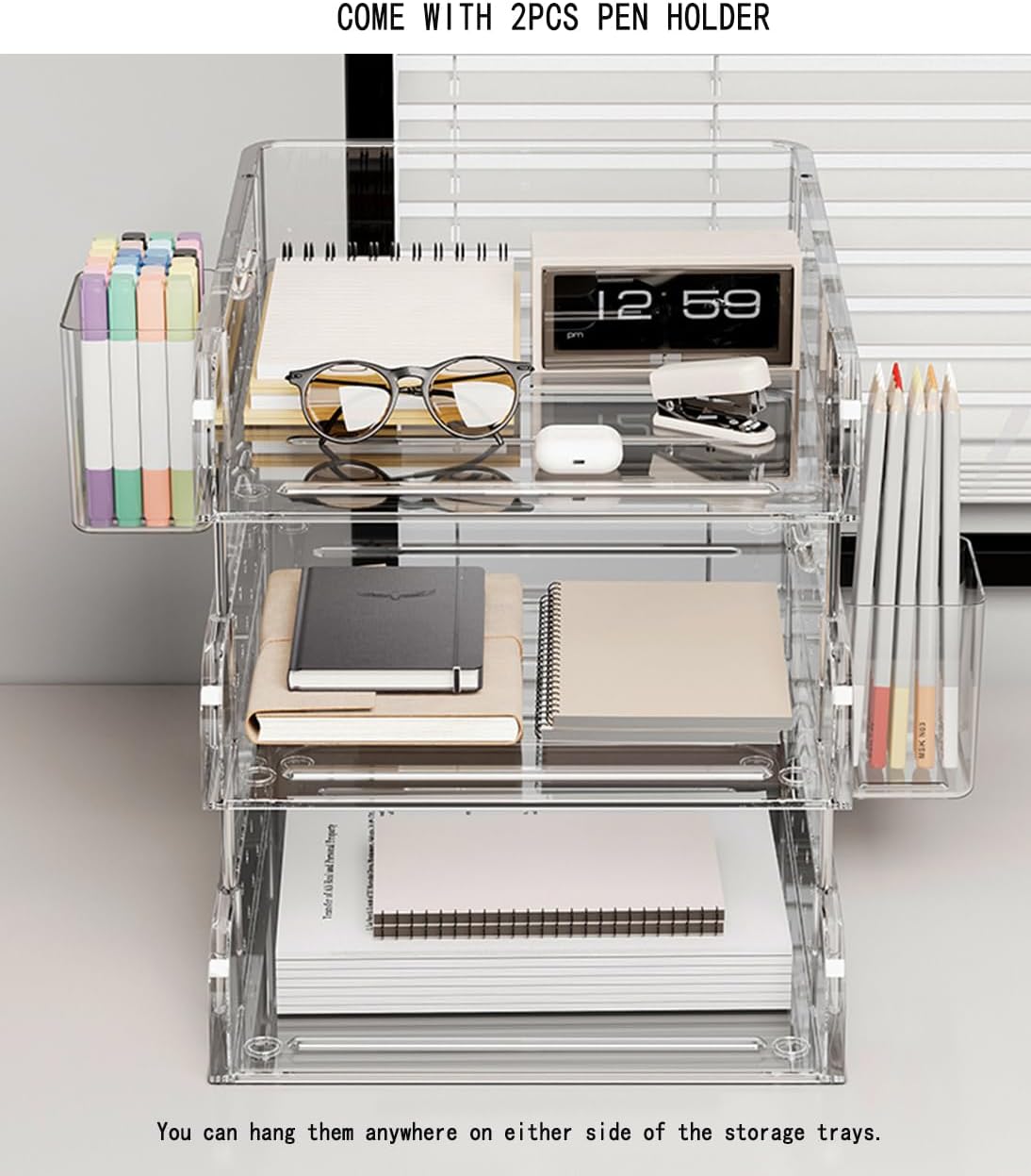 Clear Acrylic Desk Organizer, Multi-Tier Letter Tray with Pen Holder, Office Storage for Documents and Supplies