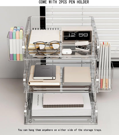 Clear Acrylic Desk Organizer, Multi-Tier Letter Tray with Pen Holder, Office Storage for Documents and Supplies