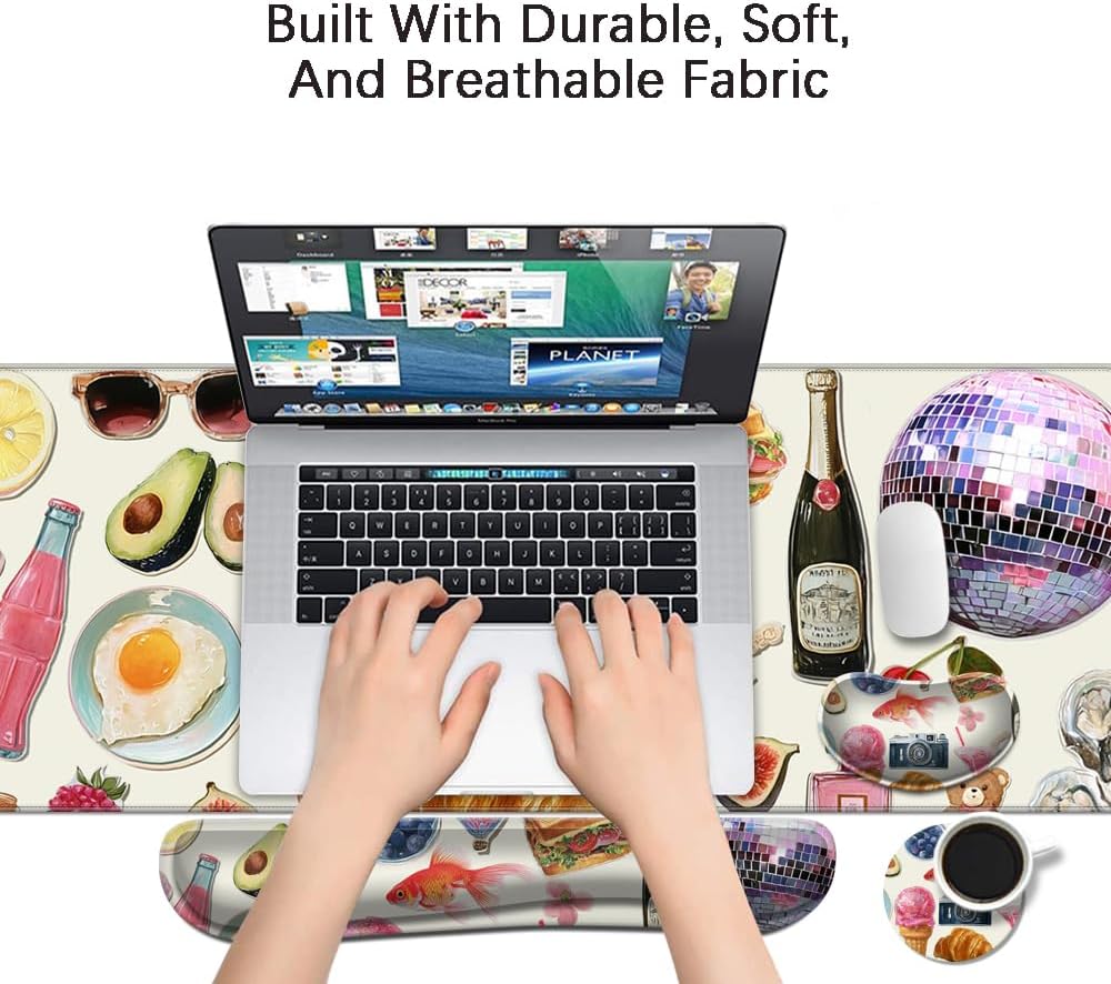 MIBITRI Keyboard Mouse Pad Set, Extended Gaming Mouse Pad+Ergonomics Keyboard Wrist Rest Support, Memory Foam, Easy Typing Pain Relief, 4Pcs XXL Ultra Thick Desk Mat, Enchanted Bookshelf