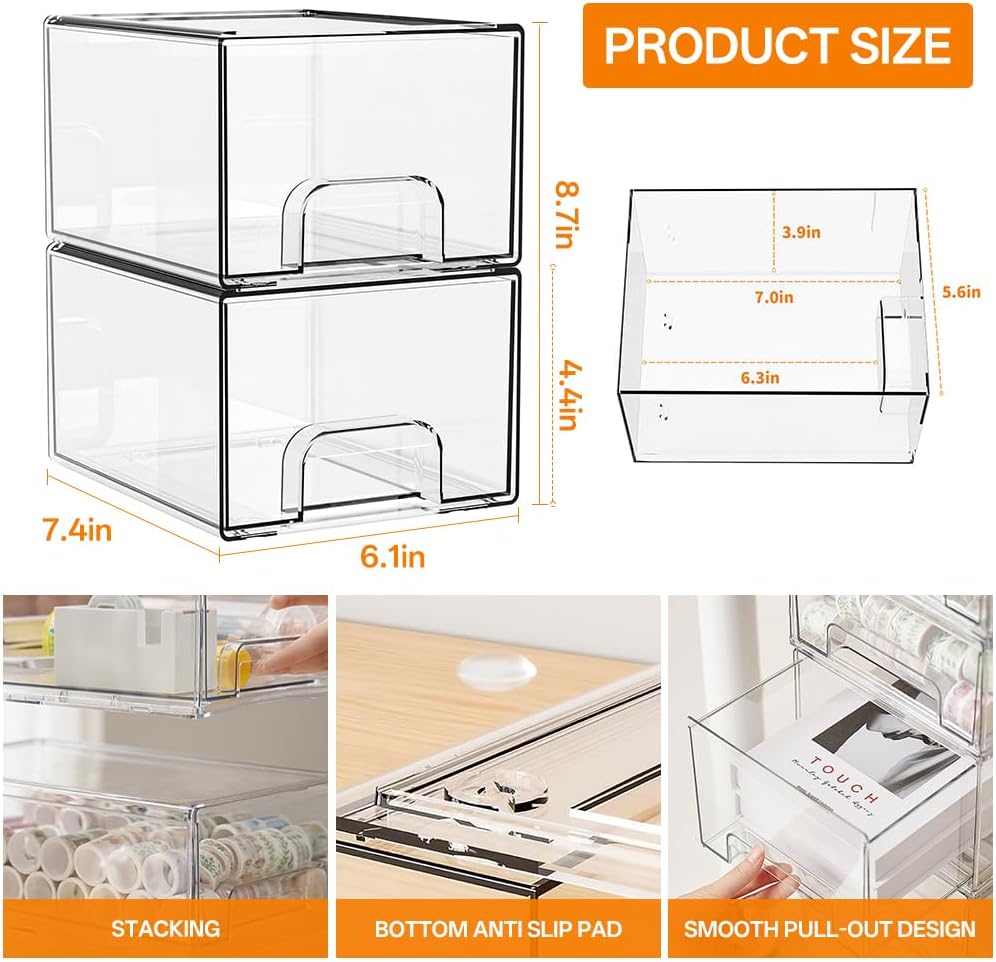 6 Pack Clear Stackable Storage Drawers & Qtip Holder Dispenser with Bamboo Lids, Acrylic Drawer Containers Plastic Organizer Bins for Makeup, Bathroom, Cabinet, Undersink