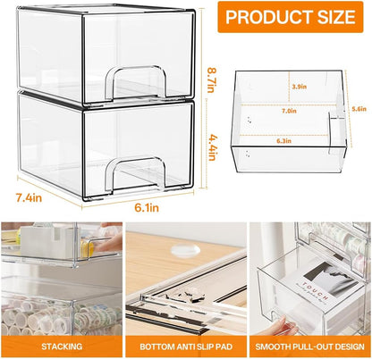 6 Pack Clear Stackable Storage Drawers & Qtip Holder Dispenser with Bamboo Lids, Acrylic Drawer Containers Plastic Organizer Bins for Makeup, Bathroom, Cabinet, Undersink