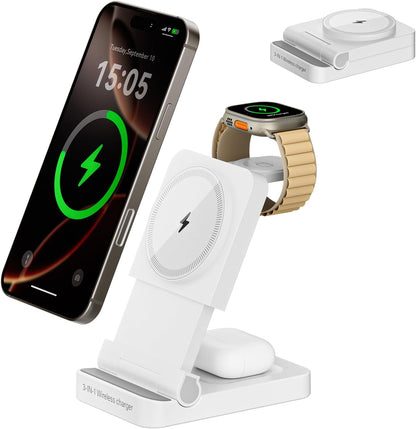 3-in-1 Foldable & Retractable Magnetic Wireless Charger, 15W Fast Charging Station, Portable Fast Charging Stand, Charging for iPhone 17/16/15/14/13/12, Apple Watch, AirPods (Black)
