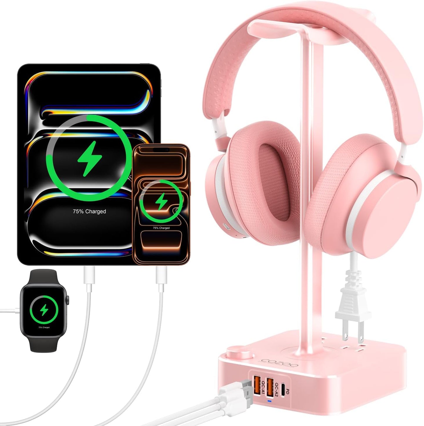 COZOO Headphone Stand with USB Charger Desktop Gaming Headset Holder Hanger with 3 USB Charging Station and 2 Outlets Power Strip,Suitable for Gaming, DJ,Wireless Earphone Display, Gamer Gifts for Men