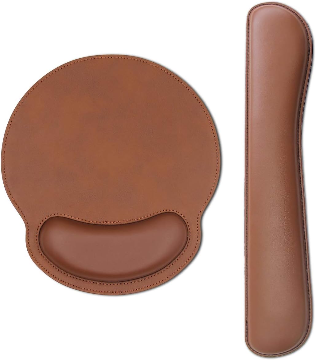 RICHEN Ergonomic PU Leather Keyboard Wrist Rest and Mouse Pad with Wrist Support, Memory Foam Set for Computer/Laptop,Gaming and Office, Comfortable for Easy Typing & Pain Relief (PU Brown)