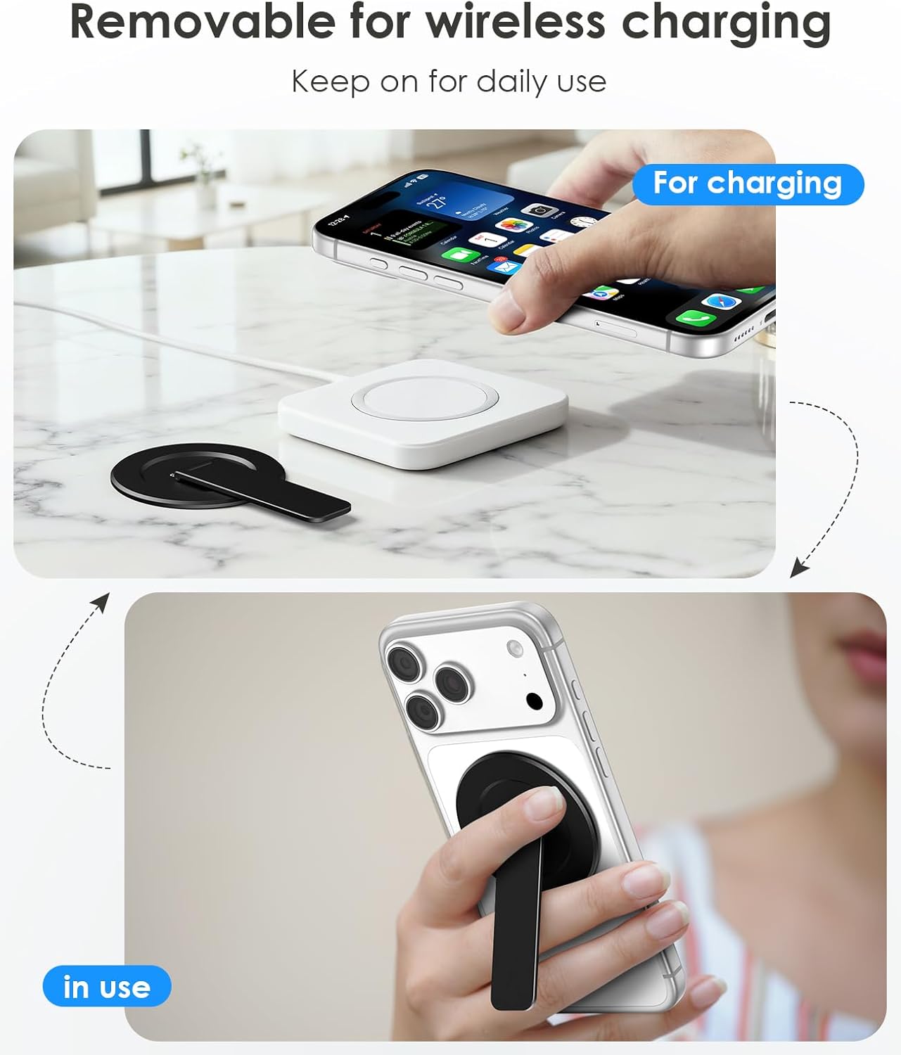 Magtame Double-Sided Magnetic Phone Stand Grip, Strong Magnetic Kickstand Desk Holder for Mag&Safe and Smartphone, Foldable Adjustable Design, Silver