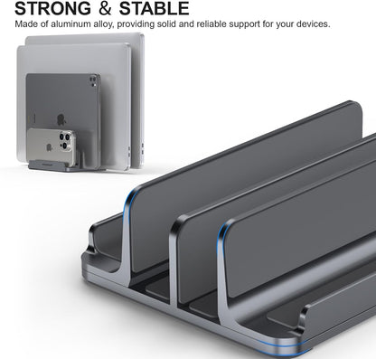 YICOSUN Aluminum Vertical Laptop Stand for Desk - Adjustable Width Dock for MacBook, Surface, Samsung, HP, Dell up to 17.3 inches - Space-Saving & Protective Design - Gray