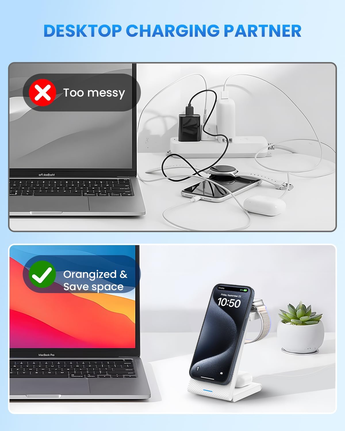 Charging Station for iPhone and Apple Watch: 3 in 1 Wireless Phone Charger Stand for iPhone 17 16 15 14 13 12 11 Pro Max & AirPods, Bedside Nightstand Docking