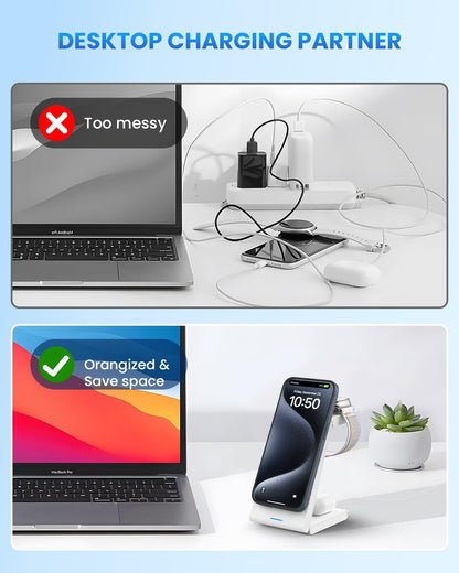 Charging Station for iPhone and Apple Watch: 3 in 1 Wireless Phone Charger Stand for iPhone 17 16 15 14 13 12 11 Pro Max & AirPods, Bedside Nightstand Docking