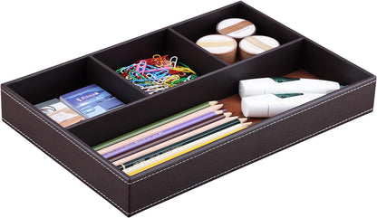 KINGFOM Pu Leather Desk Organizer Tray, 4 Compartment Office Storage Supplies Stationery Drawer Tray, Nightstand Bedside Tray for Key, Wallet, Watch, Coin, Phone Valet Tray Stackable