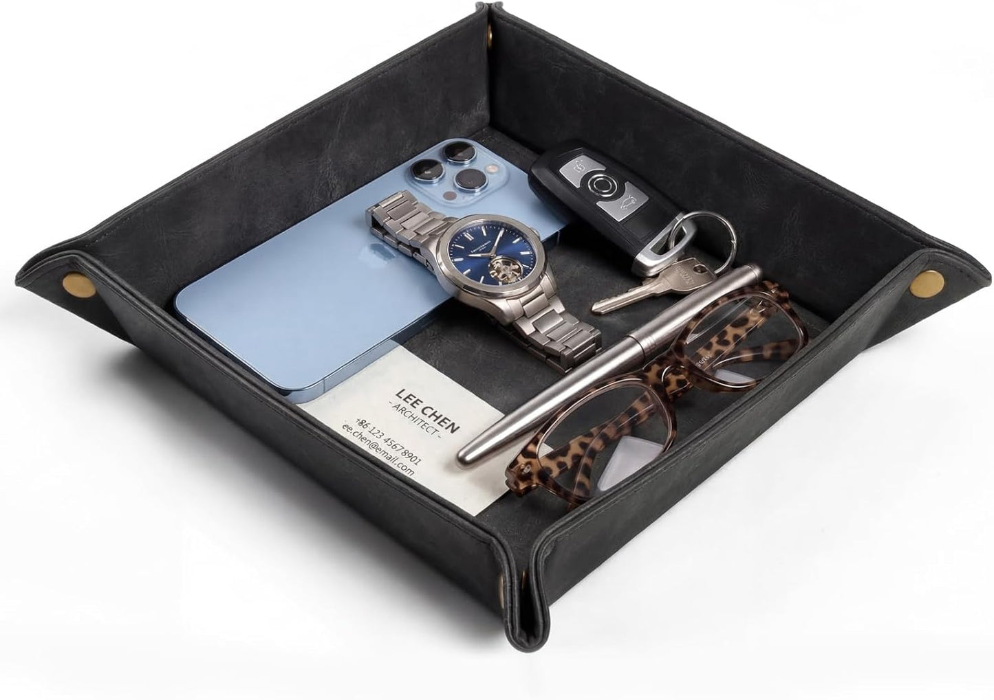CoBak Leather Valet Tray for Men, Premium PU Leather Catch-All Tray for Entryway Table Key, Phone, Wallet, Coins & Jewelry, Bedside Nightstand Desk-top Catchall (Gray)