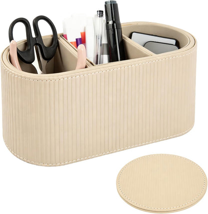 3 Compartments PU Leather Remote Control Holder, Multifunctional Desk Organizer for TV Remotes, Pens, and Accessories, Bedside and Tabletop Storage, Black